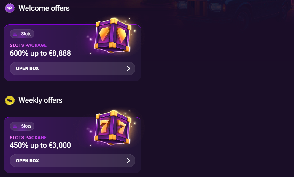 Casino offers page showing a welcome offer with a slots package up to €8,888 and a weekly offer up to €3,000, each presented in a purple “Open Box” card layout.