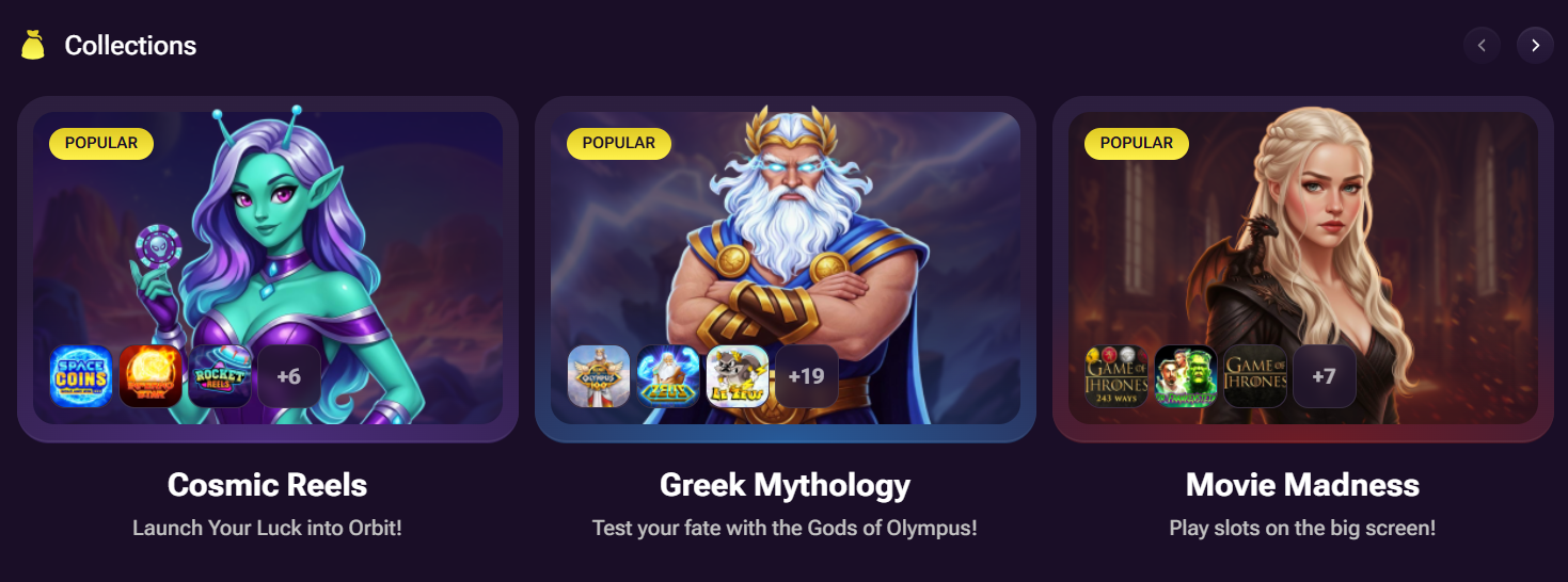 Casino collections section featuring popular themed categories such as Cosmic Reels, Greek Mythology, and Movie Madness, each with illustrated characters, game thumbnails, and short taglines.