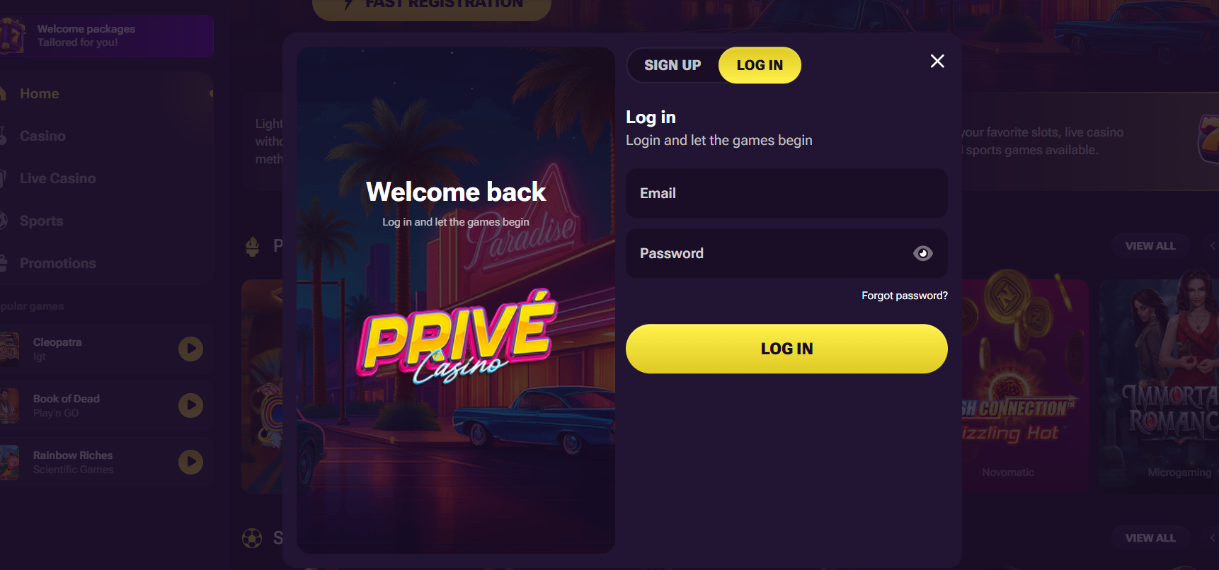 Casino login modal for Prive Casino with email and password fields, sign up and log in tabs, forgot password link, and a large yellow login button on a neon-themed background.
